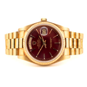 ROLEX DAY-DATE 36 REF. 18038 OXBLOOD STELLA DIAL YELLOW GOLD FULL SET