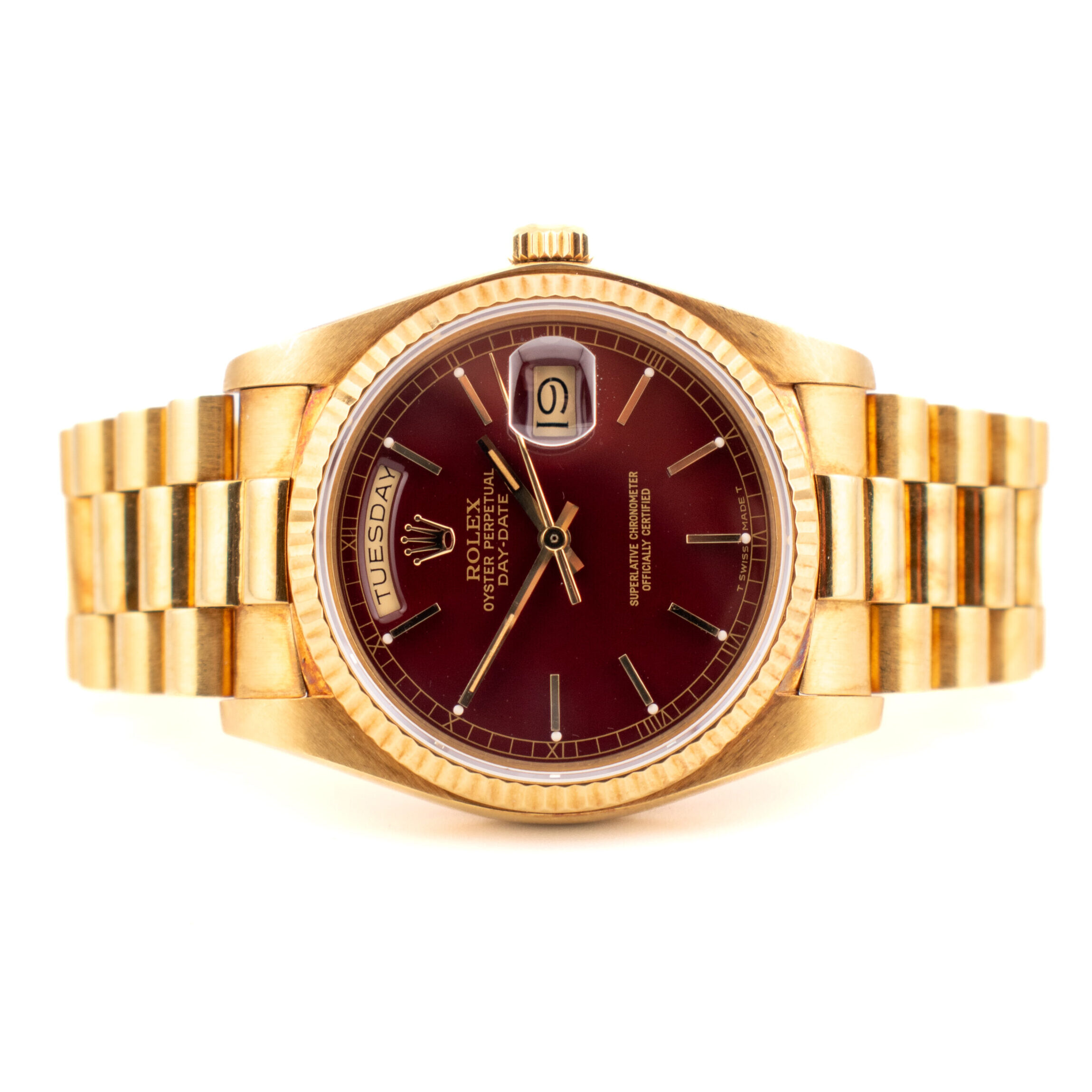 ROLEX DAY-DATE 36 REF. 18038 OXBLOOD STELLA DIAL YELLOW GOLD FULL SET