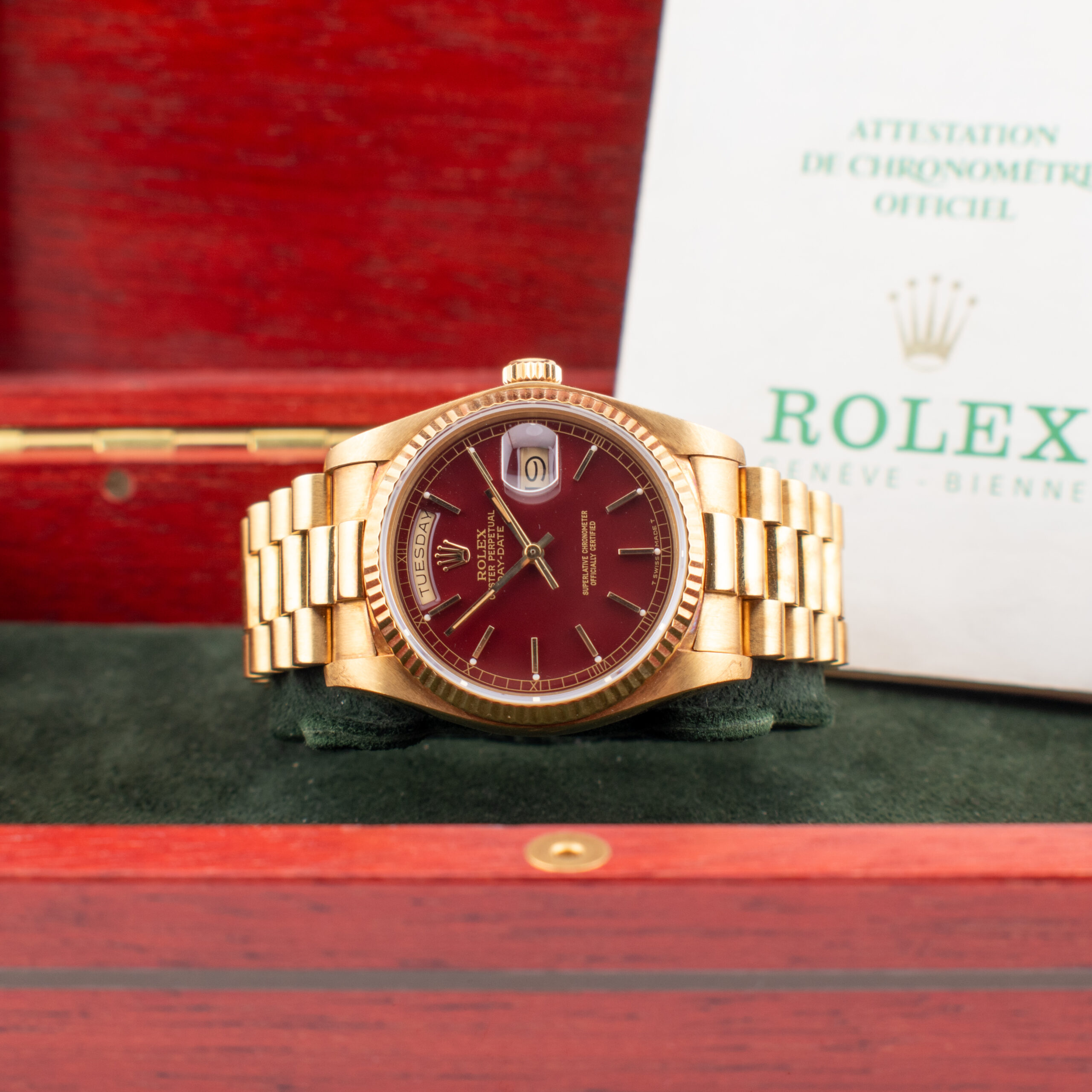 ROLEX DAY-DATE 36 REF. 18038 OXBLOOD STELLA DIAL YELLOW GOLD FULL SET - Image 8